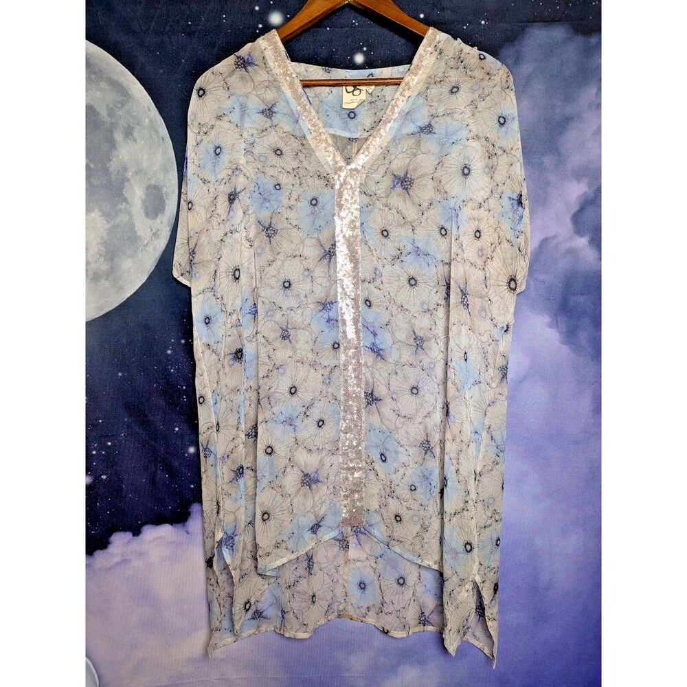 One September Blue Sequin Trim Tunic Top Size XS Festival Artistic Boho Flowy
